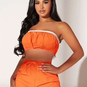 Vibrant Orange Strapless Top and Shorts Set